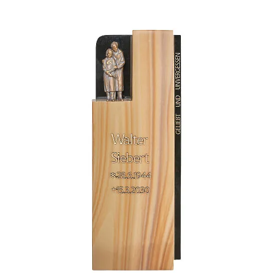 Romantischer Einzelgrabstein aus Quarzit mit trauerndem Paar in Bronze - Consilia (Detailansicht) 