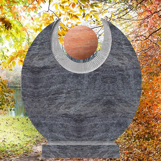 Martis Orion – Runder Granit Urnengrabstein mit Roter Travertin Kugel