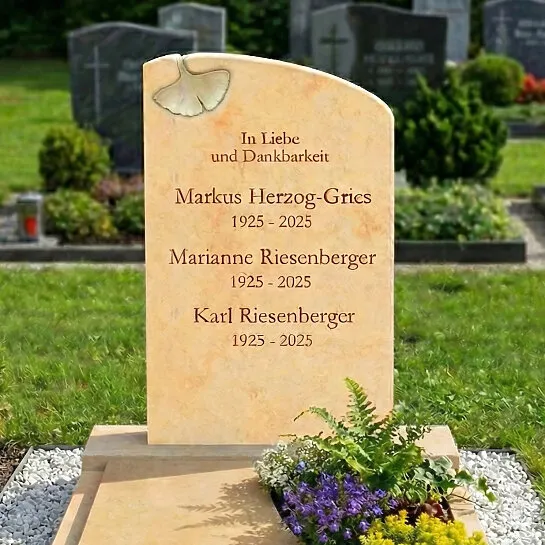 Sandstein Grabstein mit Gingko Blatt - Ginkgo (Detailansicht) 