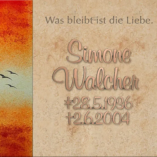 Stilvolle Gedenkplatte Urnengrab in Kalkstein mit Glas Ornament & Inschrift - Sakra Nova (Detailansicht) 