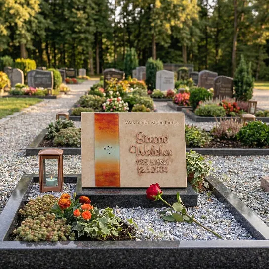 Stilvolle Gedenkplatte Urnengrab in Kalkstein mit Glas Ornament & Inschrift - Sakra Nova (Detailansicht) 