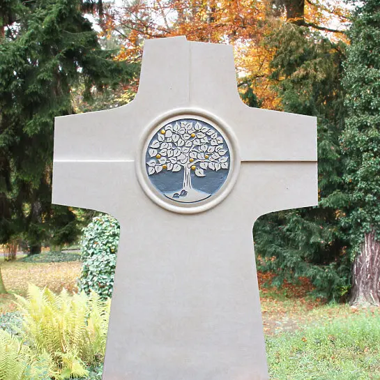 Solem – Stilvoller Grabstein Gold Baum & Kreuz