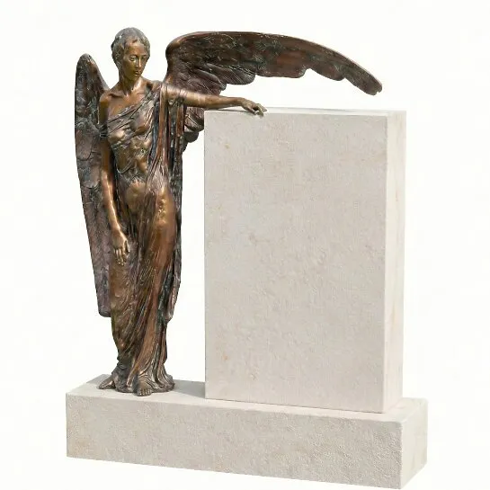 Bronze Grabengel & Kalkstein Grabstein für ein Urnengrab - Clara (Detailansicht) 