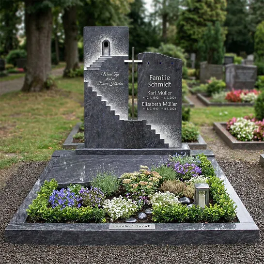 Urnengrabstein Granit mit Treppe & Kreuz - Porto (Detailansicht) 
