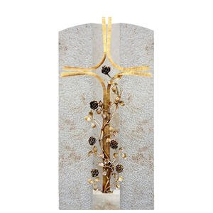 Crociato Rosa Urnengrabstein mit Bronze Grabkreuz Rosenranke Modern