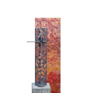 Rosso Singolo Urnengrabstein Roter Travertin mit Bronze Kreuz Ornament