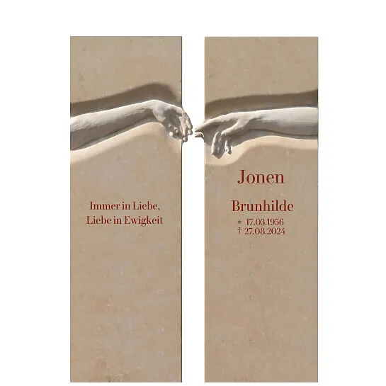 Le Jeune : Urnengrabstein zweigeteilt mit Michelangelo Händen in Kalkstein Michelangelo Doppio (Schriftbeispiel 5 von 7)