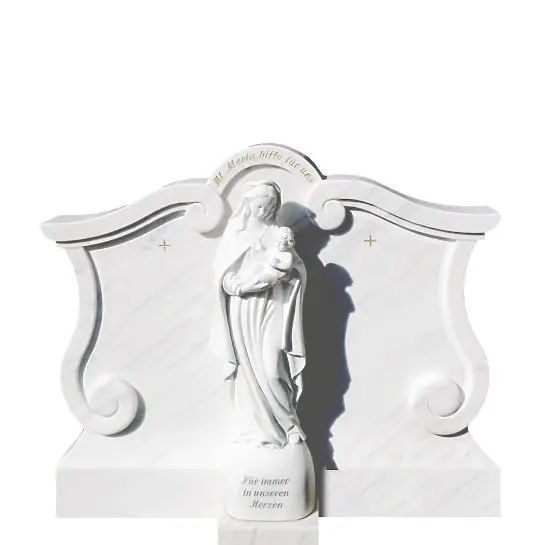 Madonna Alba – Weisser Marmorgrabstein mit Madonna Skulptur