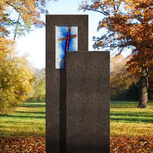 Amancio Crucis Zweigeteiler Granit Doppel Grabstein mit Glas Symbol Kreuz