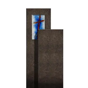 Amancio Crucis Zweigeteiler Granit Einzel Grabstein mit Glas Symbol Kreuz