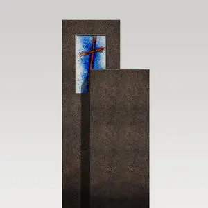 Amancio Crucis Zweigeteiler Granit Urnen Grabstein mit Glas Symbol Kreuz