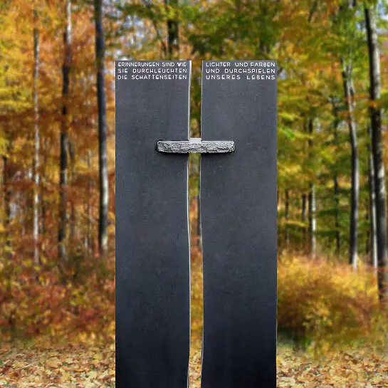 Menars – Zweiteiliger Granit Grabstein schwarz mit Kreuz