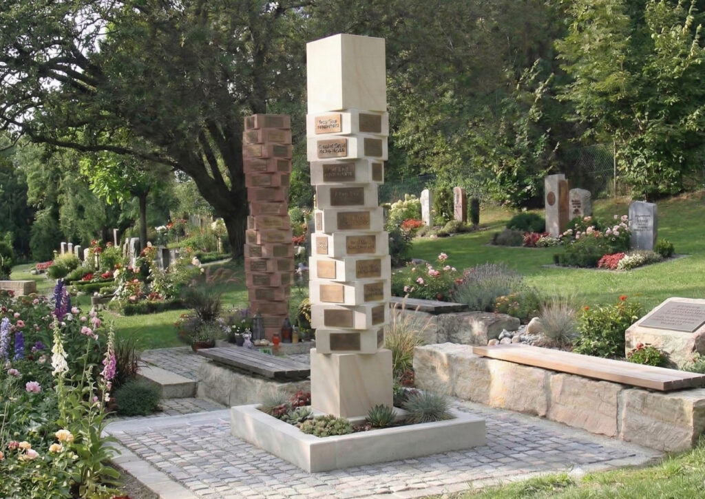Bild einer Urnenstele für ein Gemeinschaftsgrab mit Bepflanzung in moderner Bauform