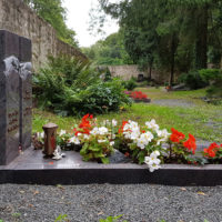 Grab Gestaltung Pflegeleicht Grabplatte Platte Einzelgrab Einfassung Granit Grabbepflanzung Blumen modern Sommer Friedhof Georgenthal Steinmetz