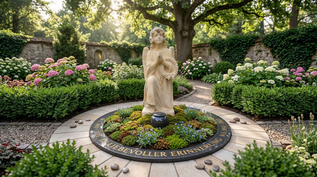 Gestaltung Urnengemeinschaftsanlage eines anonymen Gemeinschafsgrabes mit Engel