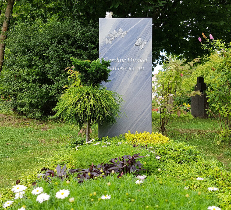 Grabstein Einzelgrab mit Bodendecker Bepflanzung / Grabstein mit Schmetterlingen Symbol