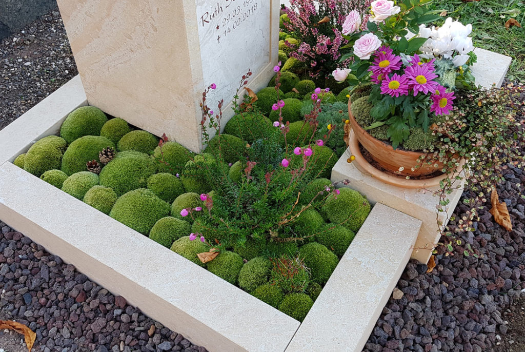 Beispiel für eine pflegeleichte Grabbepflanzung & Grabgestaltung mit Moos