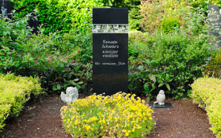 Impressionen vom Friedhof: Moderner Granitgrabstein mit Edelstahlband - Motiv Schmetterlinge