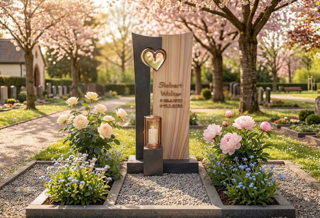 Grabgestaltung eines Urnengrabes im Frühling mit Kies und Blumen