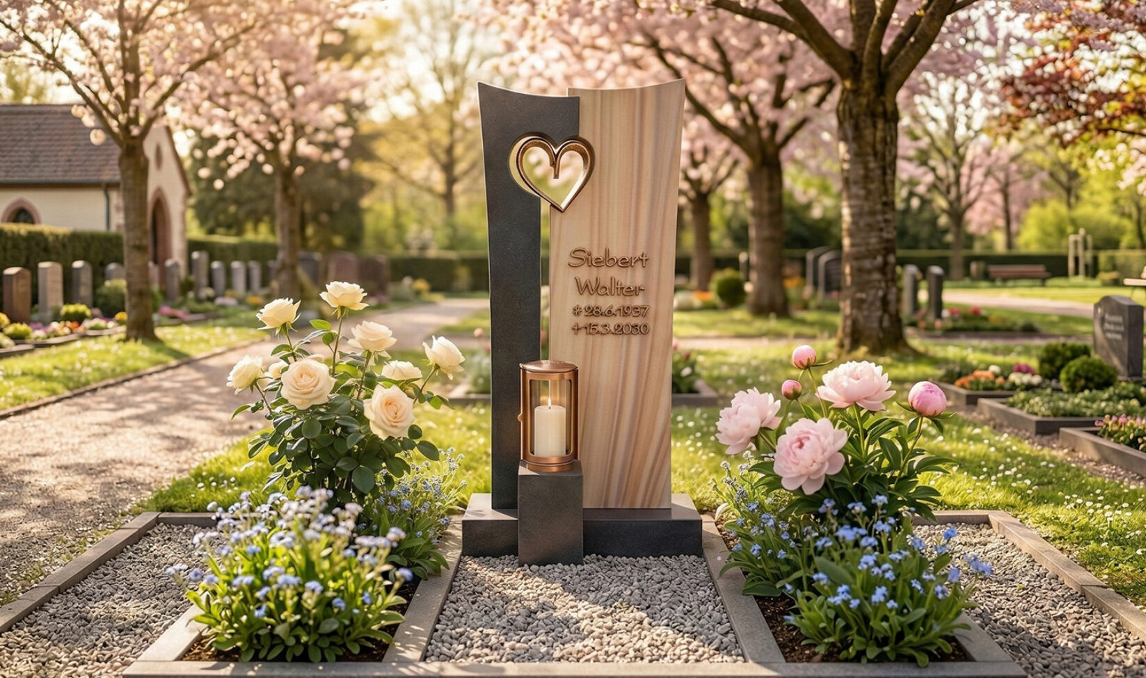 Eine detaillierte Nahaufnahme einer gepflegten Grabstätte auf einem friedlichen Friedhof im warmen Frühlingslicht. Im Zentrum steht ein moderner  zweigeteilter Grabstein. Die linke Seite besteht aus dunkelgrauem Granit  die rechte aus sandfarbenem Stein. Ein kunstvoll ausgeschnittenes  goldenes Herz verbindet beide Elemente. Auf der sandfarbenen Seite ist deutlich lesbar die Inschrift „HERMANN MÜLLER 1945 – 2022“ eingraviert.