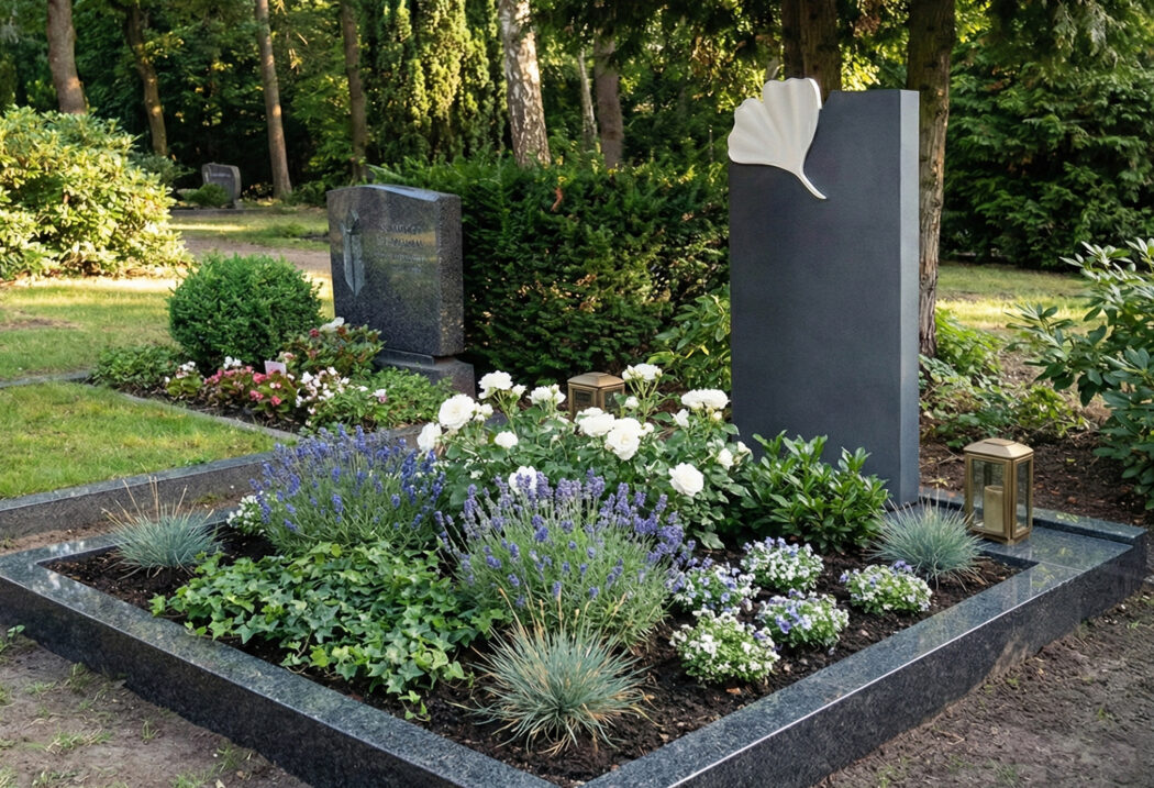 Grabgestaltung für eine Grabstätte mit modernem Granit Grabstein (Ginkgo)  Umrandung und einer Grabplatte