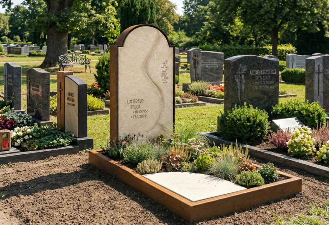 Grabgestaltung modern Grabstein mit Lebenslinie & Einfassung aus Kortenstahl