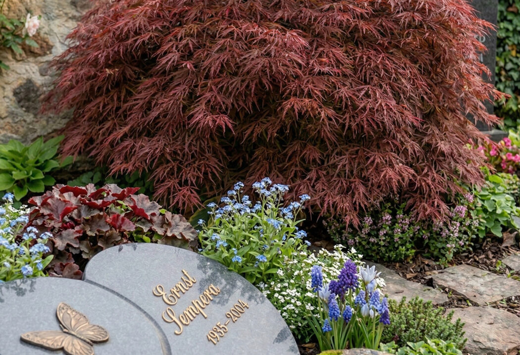 Eine kleine steinerne Vogeltränke ergänzt das Ensemble. Die Bepflanzung wirkt wie ein lebendiger Garten