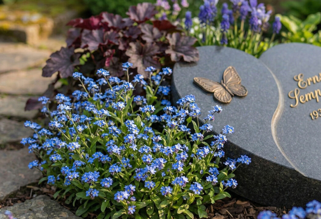 Die Gestaltung bricht mit klassischen Strukturen: Anstelle einer festen Einfassung ist das Grab von unregelmäßigen Natursteinplatten umgeben  die fließende Übergänge zur Umgebung schaffen.