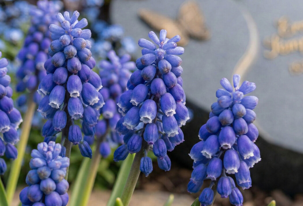 Die Traubenhyazinthen (Muscari) sind pflegeleichte Frühlingsblüher mit charakteristischen  traubenförmigen Blütenständen. Auf diesem Grab setzen sie mit ihren tiefblauen bis lila Glöckchen leuchtende Akzente inmitten der bodendeckenden Pflanzen.