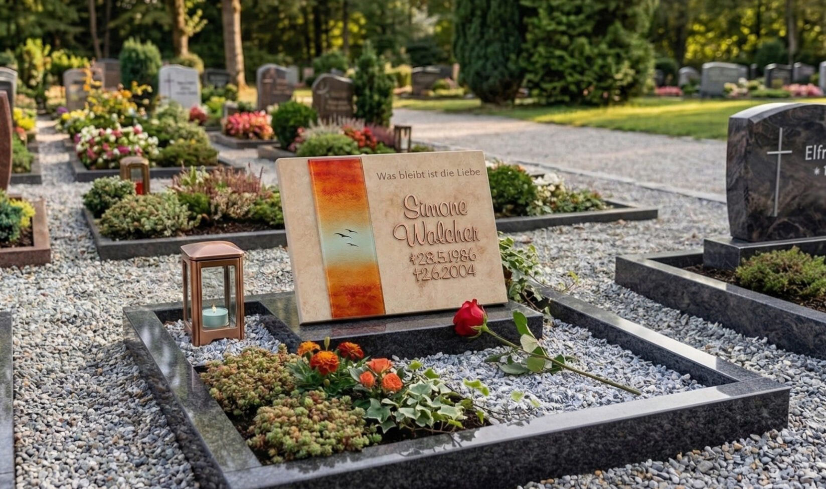 Grabplatte als Urnengrab Liegeplatte für eine schöne Urnengrab Gestaltung mit Kies
