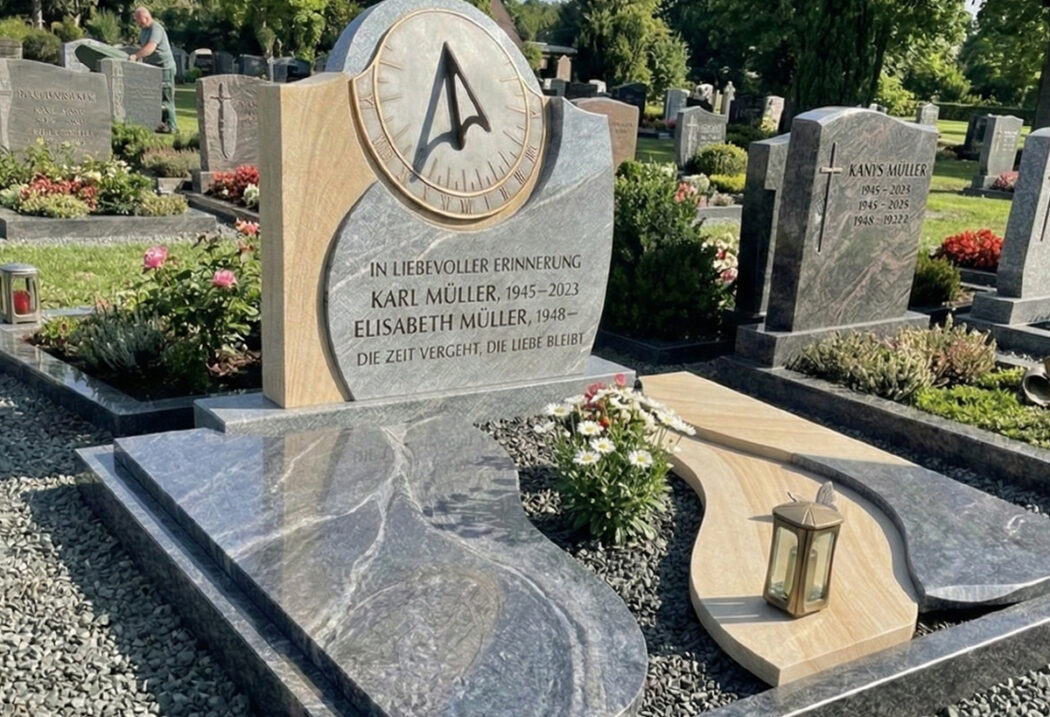 Die Grabplatten präsentieren sich als eine moderne  mehrteilige Komposition aus geschwungenen Formen und kontrastierenden Materialien  die sich harmonisch in ein feines graues Kiesbett einfügen. Sie sind nicht flach  sondern weisen unterschiedliche Höhen und Überlappungen auf  was dem Design Tiefe verleiht.