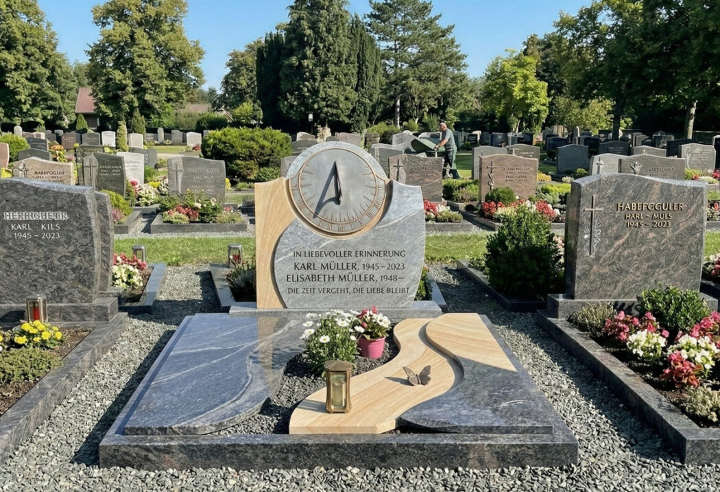 Diese moderne Grabanlage ist ein Doppelgrab für Karl und Elisabeth Müller  gestaltet aus grauem Granit mit Wellenstruktur und hellem Sandstein. Der aufrechte Grabstein trägt eine kreisrunde Sonnenuhr und Gedenkinschriften. Die passenden Bodenplatten sind mit einer Laterne  Blumen und einer Schmetterlingsfigur verziert und liegen auf grauem Kies. 