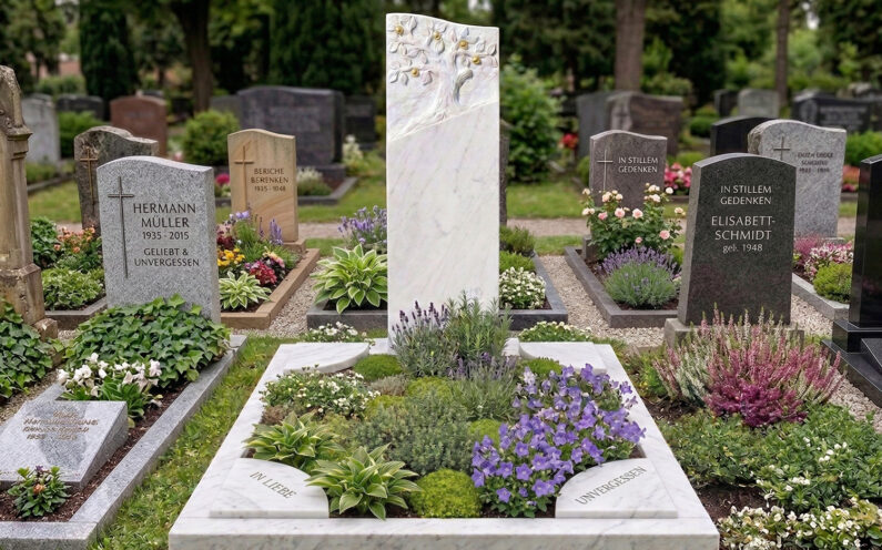 Grabanlage für ein Urnengrab mit Bepflanzung als Beispiel und einer Einfassung mit Platten