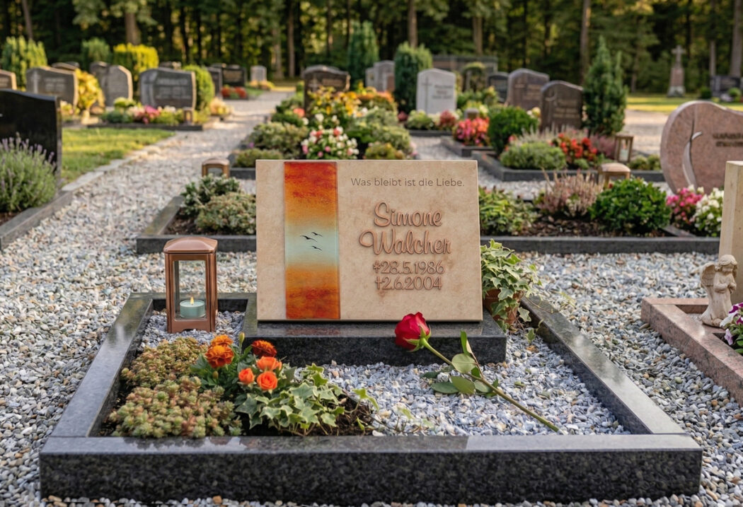 Besondere Urnengrab Gestaltung pflegeleicht mit Kies  Liegeplatte und Grabumrandung in Kalkstein