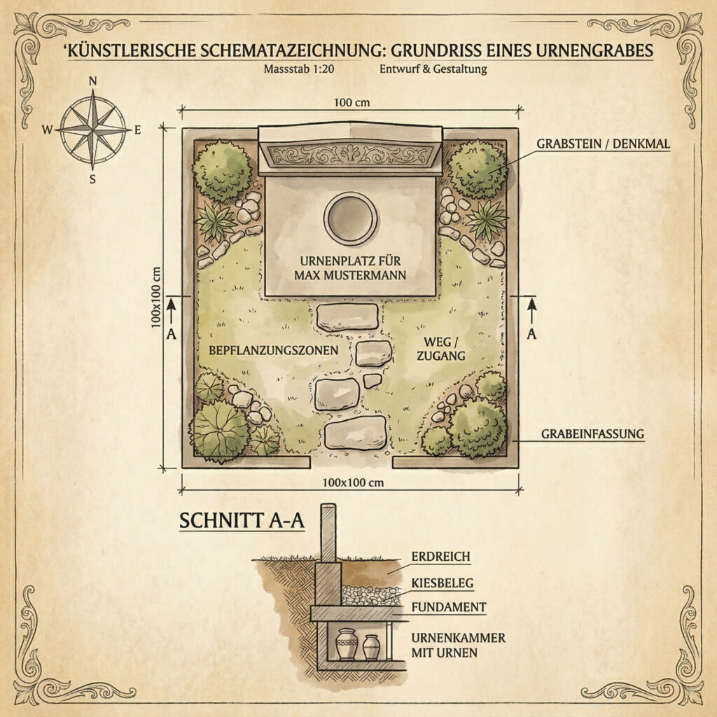 Schemata Plan: Aufbau eines Urnengrabes im Grundriss und im Schnitt