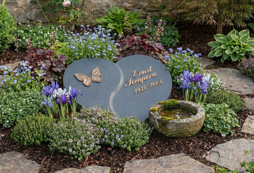 Liegeplatte in Herzform mit Grabbepflanzung Bodendecker
