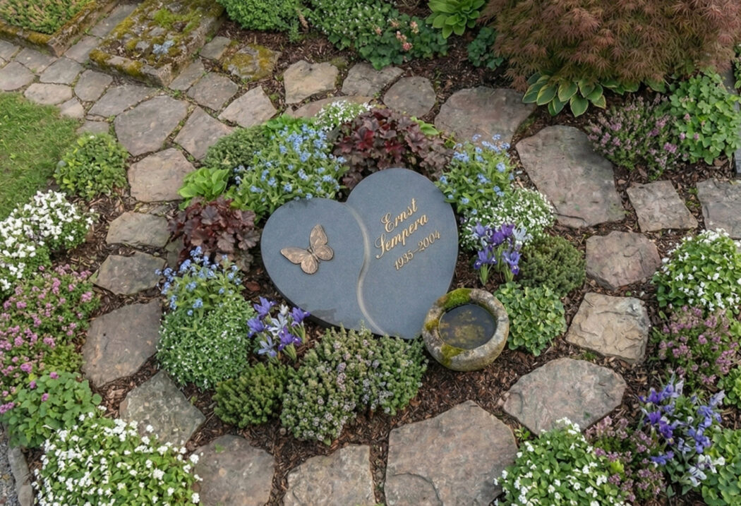 Im Zentrum ruht ein zweigeteilter  anthrazitfarbener Grabstein in Herzform für Ernst Sempera  verziert mit einem filigranen Bronze-Schmetterling.