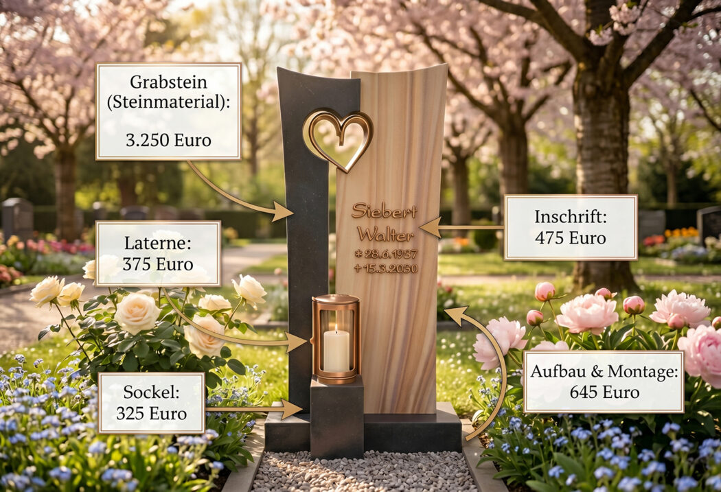 Preisübersicht für einen Urnengrabstein mit Schrift  Aufbau und Sockel