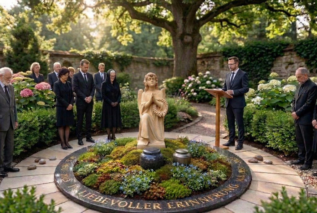 Trauerredner an einem Urnen Gemeinschaftsgrab 