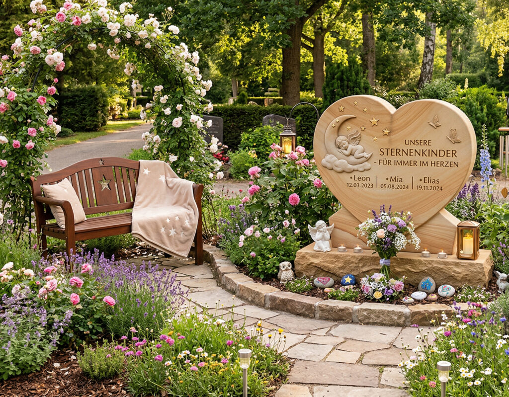 Grabgestaltung einer Grabstätte für Sternenkinder mit Herz Grabstein