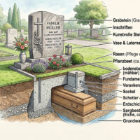 Erdgrab Aufbau schematisch Ein Sargerdgrab ist meist 1 80 bis 2 Meter tief. Unten ruht der Sarg im Erdreich. Oberirdisch besteht es in der Regel aus einer Grabeinfassung einem individuellen Pflanzenbeet und einem Grabstein auf einem frostsicheren Fundament.