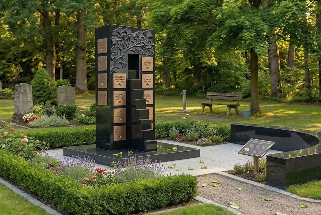 Gemeinschaftsgrabstein & Urnengemeinschaftsanlage als Urnenwand in Stelenform für eine Urnengrabstätte mit Landschaftsgestaltung