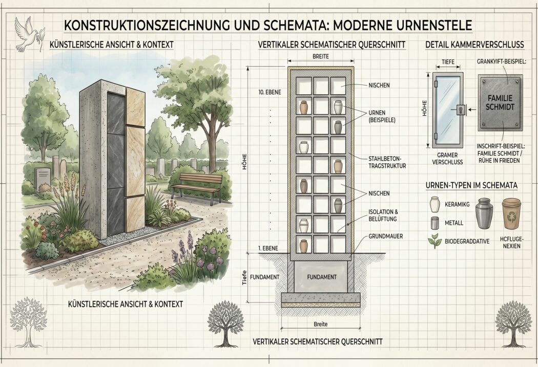 Eine Urnenstele ist eine freistehende Säule  meist aus Stein oder Beton. Sie enthält mehrere Kammern zur oberirdischen Aufnahme von Urnen. Jede belegte Nische wird mit einer individuell beschrifteten Gedenkplatte verschlossen.