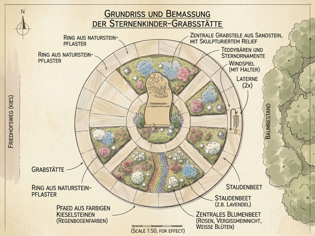 Schematischer Grundriss einer Grabanlage für Sternenkinder mit Flächenaufteilung für Grabstein, Grabpflanzen und Wegeplatten
