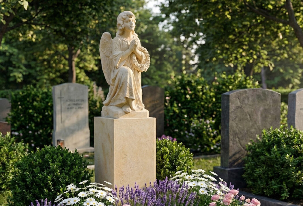 Grabgestaltung für ein Doppelgrab mit Engel Grabstein  Umrandung und einer Grabplatte