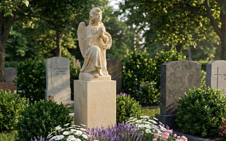 Grabgestaltung klassisch mit Engel Grabstein & Blumen im Frühling