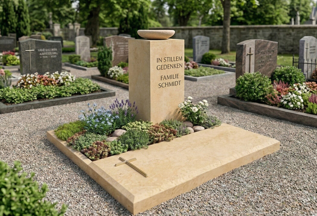 Kleines Urnengrab mit stehendem Grabstein und Grabeinfassung