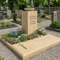 Kleines Urnengrab mit stehendem Grabstein und Grabeinfassung