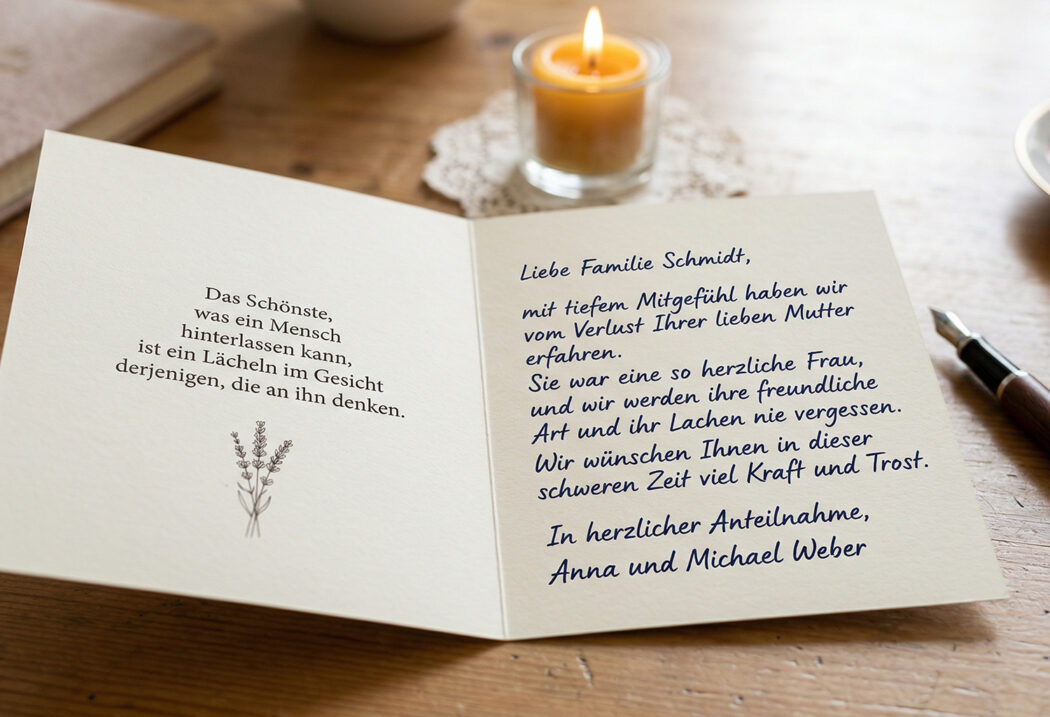 Kondolenzschreiben auf einer Karte mit Spruch  Anrede und Mustertext