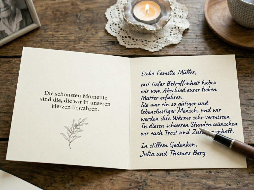 Beispiel für eine Kondolenzkarte mit Trauerspruch und persönlichem Anschreiben